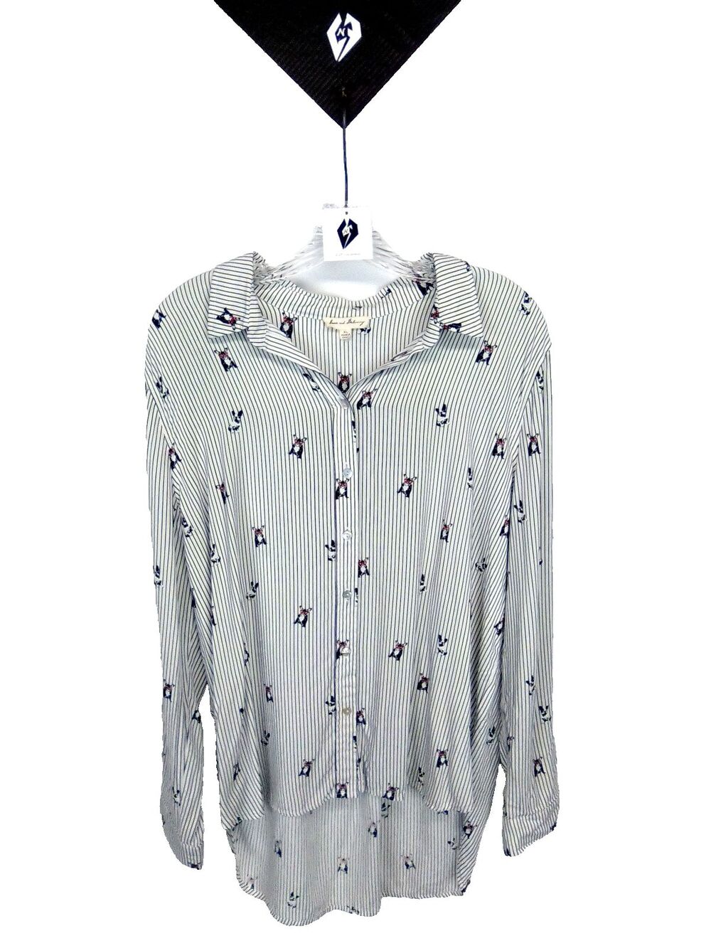 Jane & Delancey Women's Black & White Stripes French Bulldog Button Close Top XL